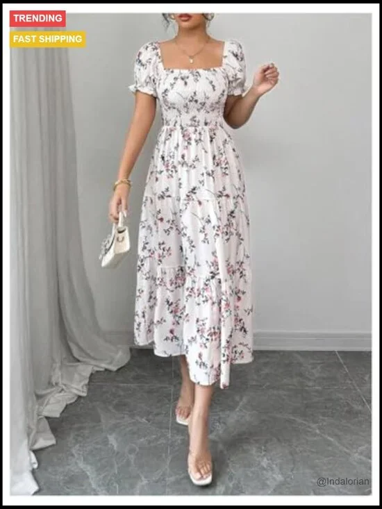 Floral Puff Sleeve Square Neck Smocked Tiered Ruffle Midi Dress - Picture 4 of 6